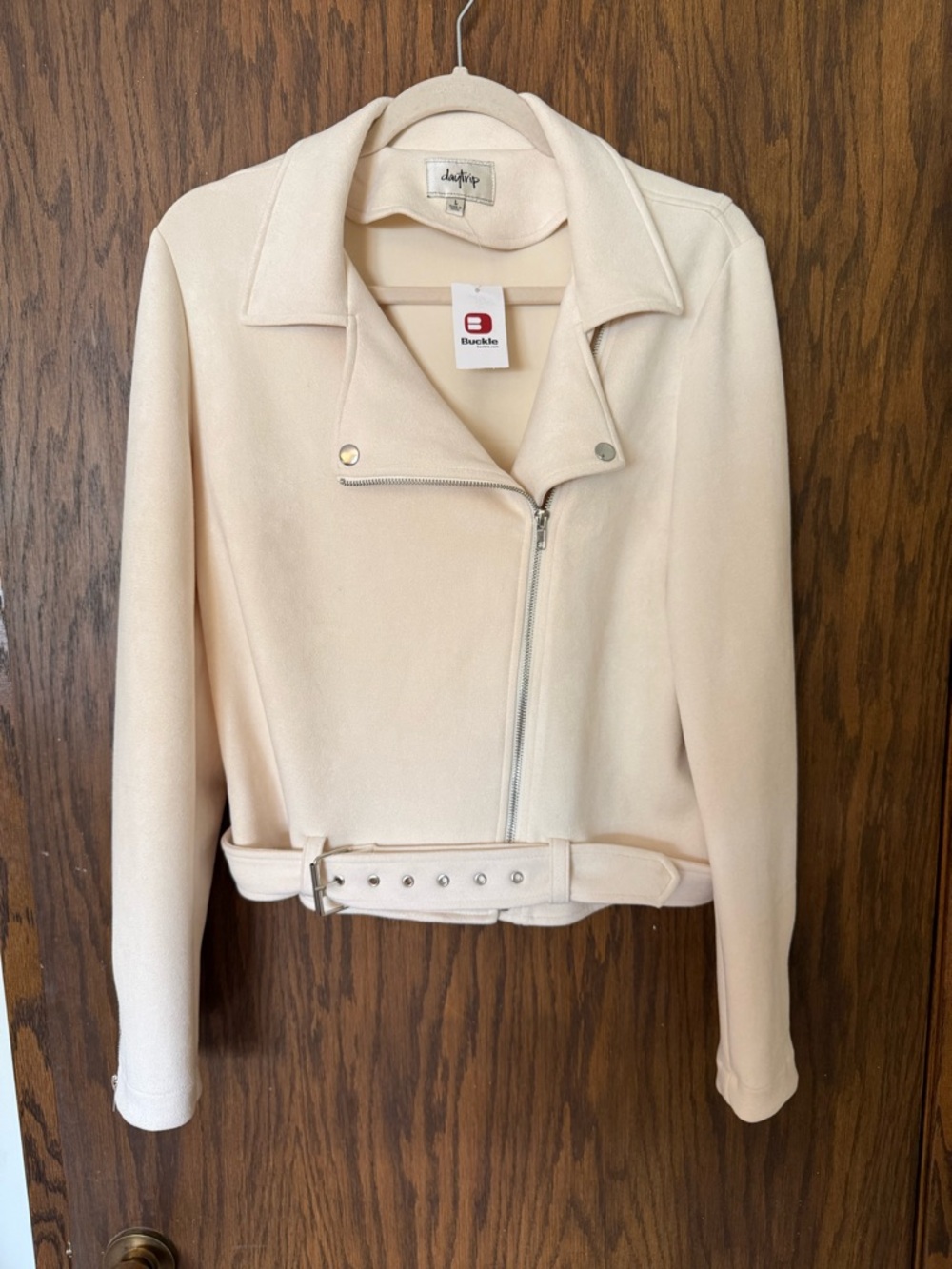 Daytrip White Faux Suede Moto Jacket Asymmetrical Zip Front Belted Waist Biker